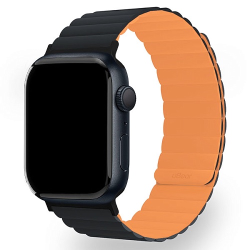 Ремешок магнитный силиконовый uBear Mode для Apple Watch 42/44/45/49мм, M/L, оранжевый/чёрный
