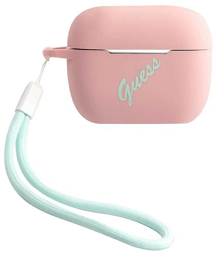 Чехол Guess Silicone case Script logo with cord для Airpods, розовый/зеленый