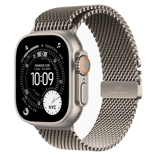 Apple Watch Ultra 3, 49 мм, корпус из натурального титана, Titanium Milanese Loop натуральный