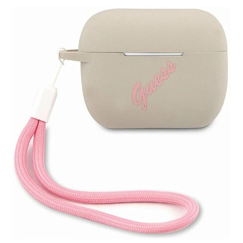 Чехол Airpods Pro Guess Silicone case Script logo with cord, серый/розовый